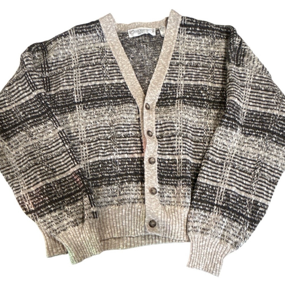 John Ashford vintage Brown and Tan Plaid Cardigan size XL